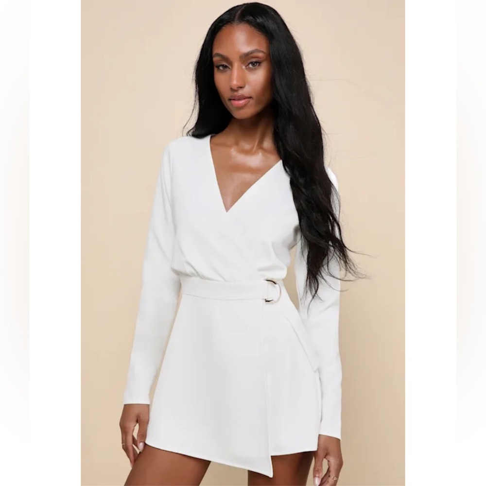 Lulu White Long Sleeve Belted Skort Romper